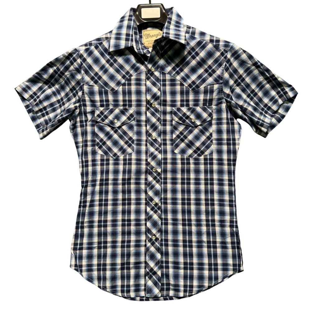 Wrangler Western Shirt Small Fashion Pearl Snap Mens Blue Plaid Short Sleeve